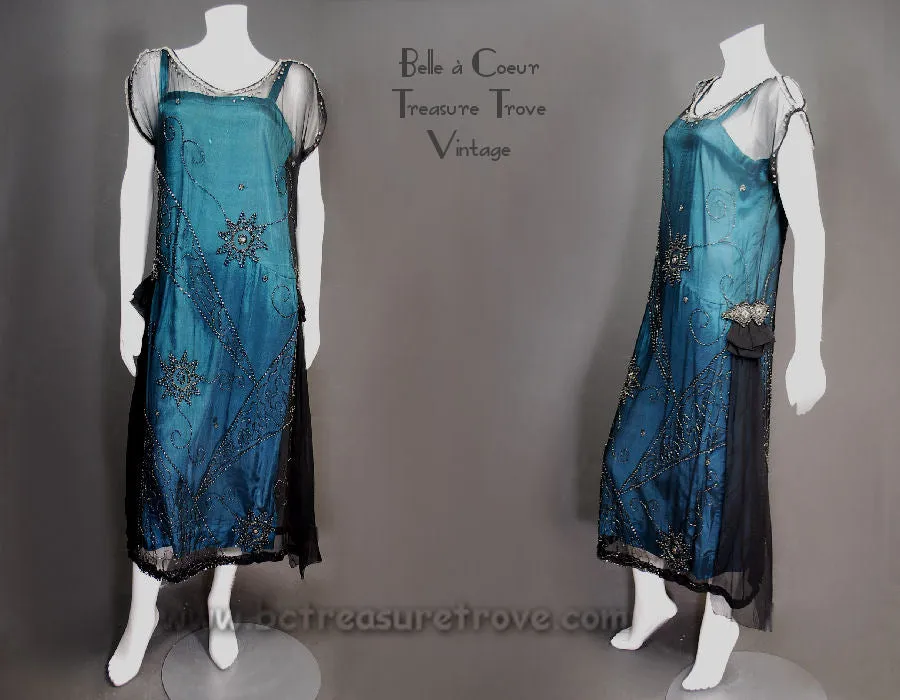 1920s Beaded Flapper Dress Teal Original Antique