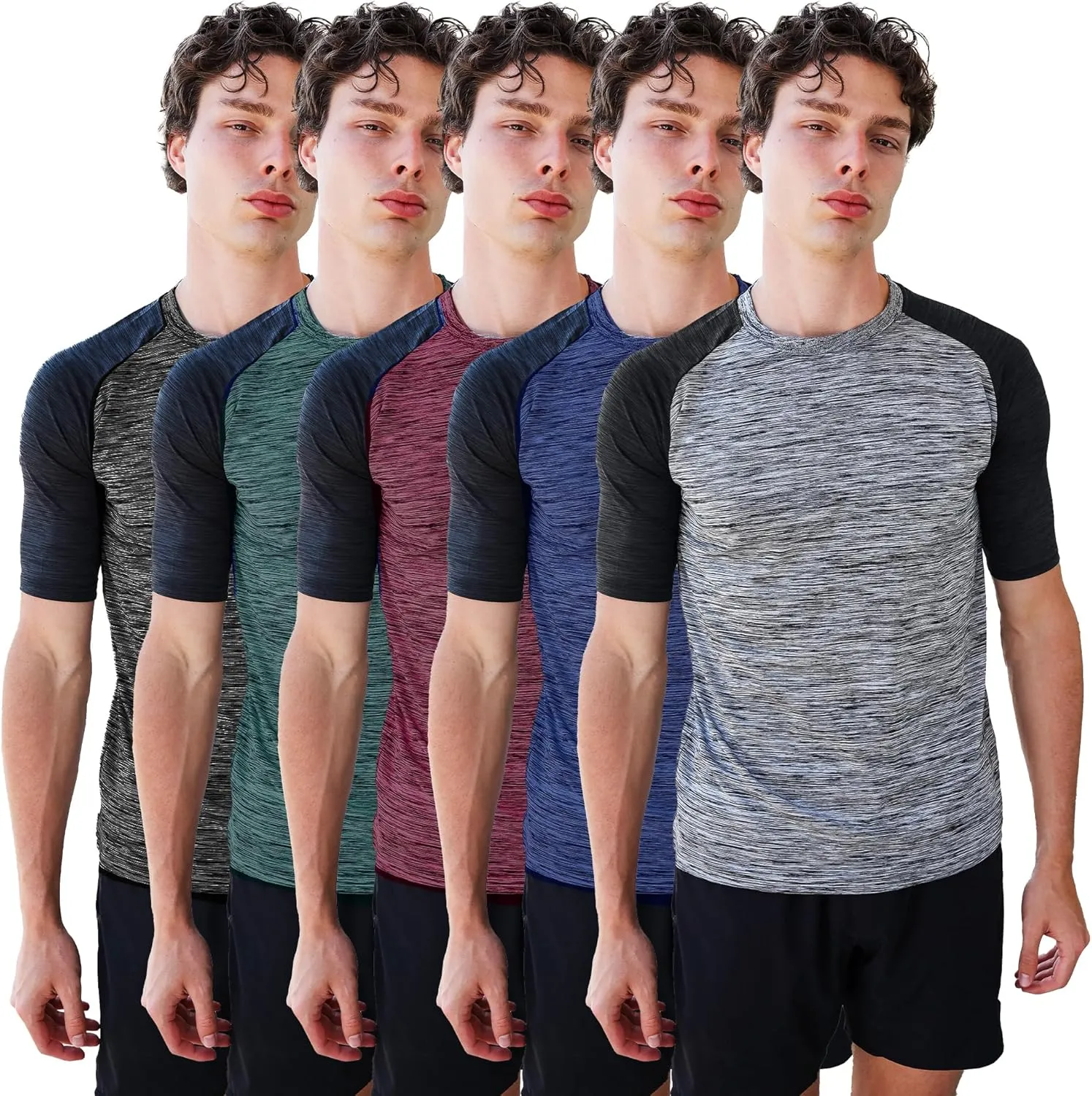 [5 Pack] Mens Workout Short Sleeve Dry Fit T Shirts Quick Dry Active Athletic Crewneck Running Gym Moisture Wicking Tee Tops