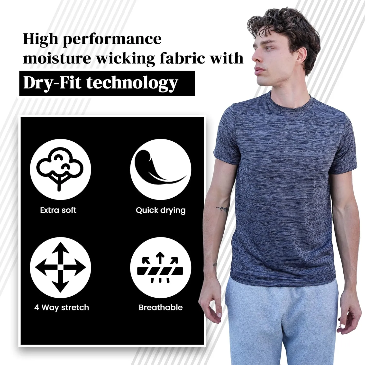 [5 Pack] Mens Workout Short Sleeve Dry Fit T Shirts Quick Dry Active Athletic Crewneck Running Gym Moisture Wicking Tee Tops