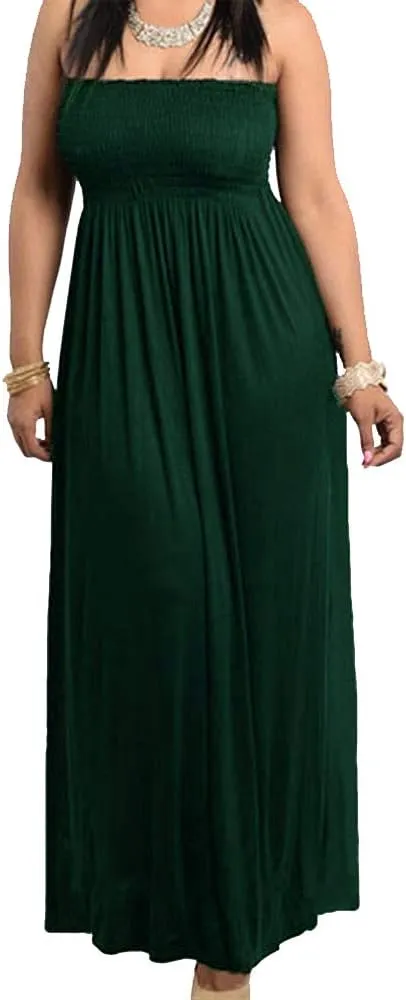 811 - Smocked Chest Strapless Tube Long Maxi Beach Cover-up Dress