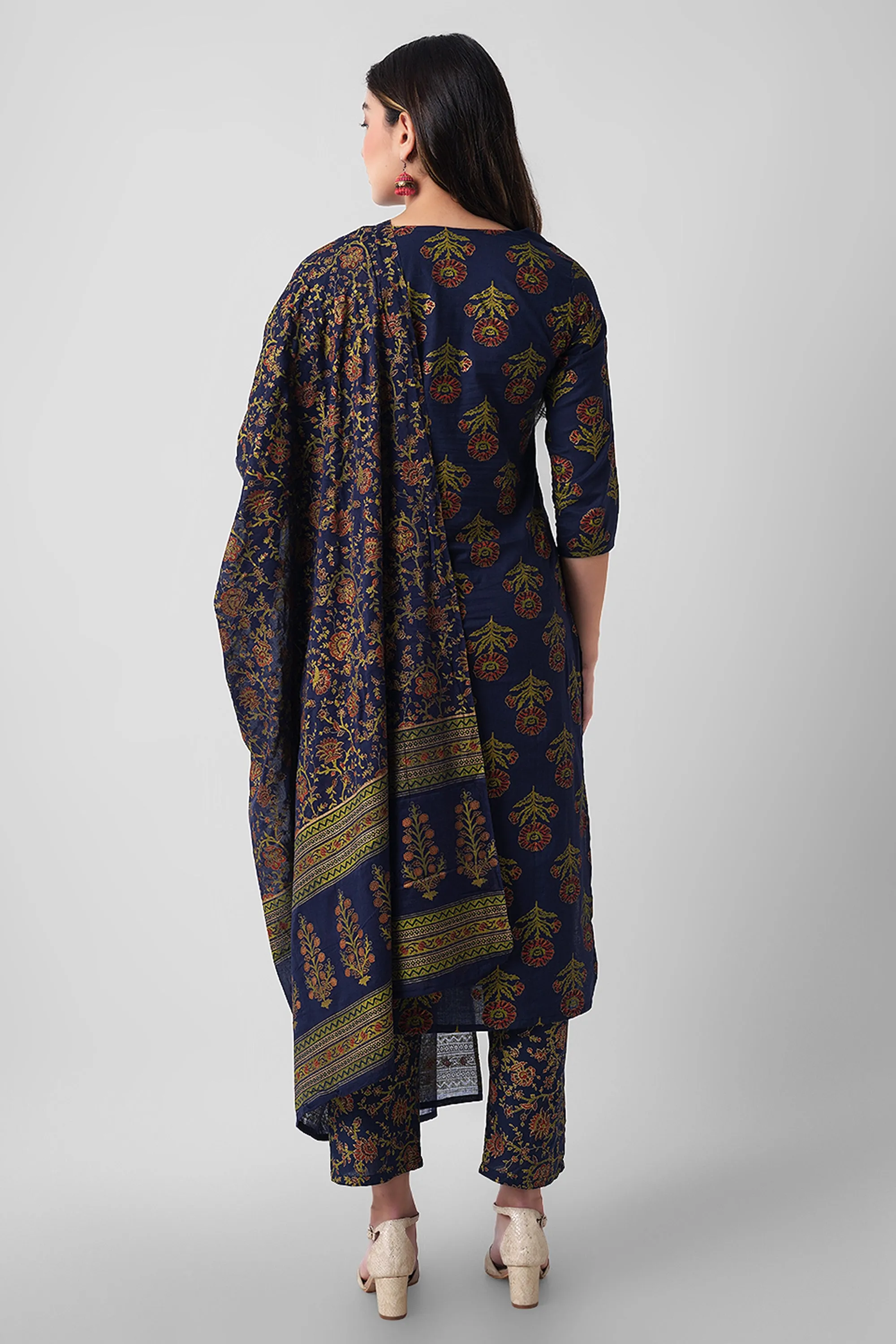 Arayna Women's Floral Printed Pure Cotton Kurti Palazzo Pants Set with Dupatta, Navy Blue, 3X-Large