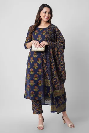 Arayna Women's Floral Printed Pure Cotton Kurti Palazzo Pants Set with Dupatta, Navy Blue, 3X-Large