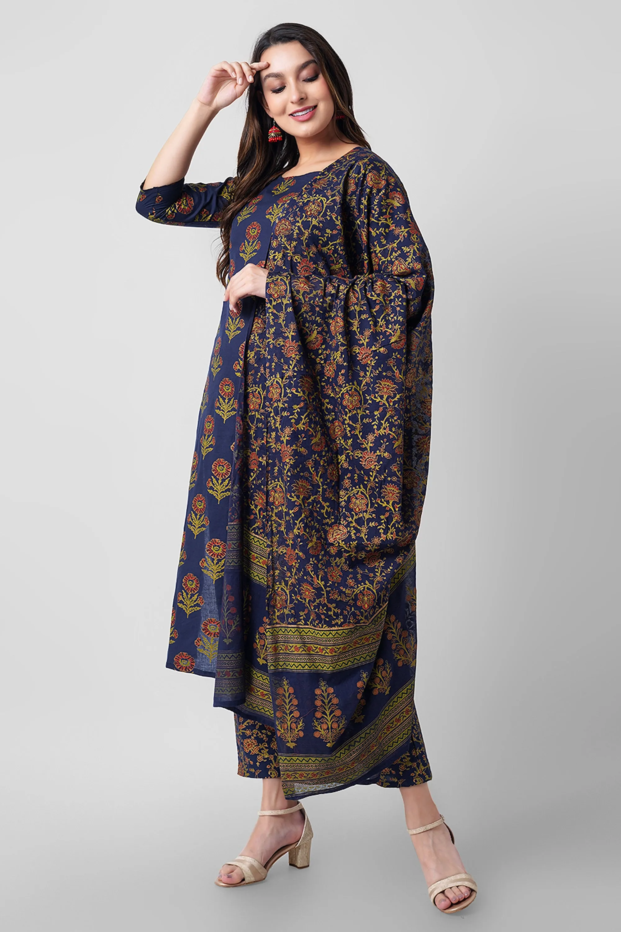 Arayna Women's Floral Printed Pure Cotton Kurti Palazzo Pants Set with Dupatta, Navy Blue, 3X-Large
