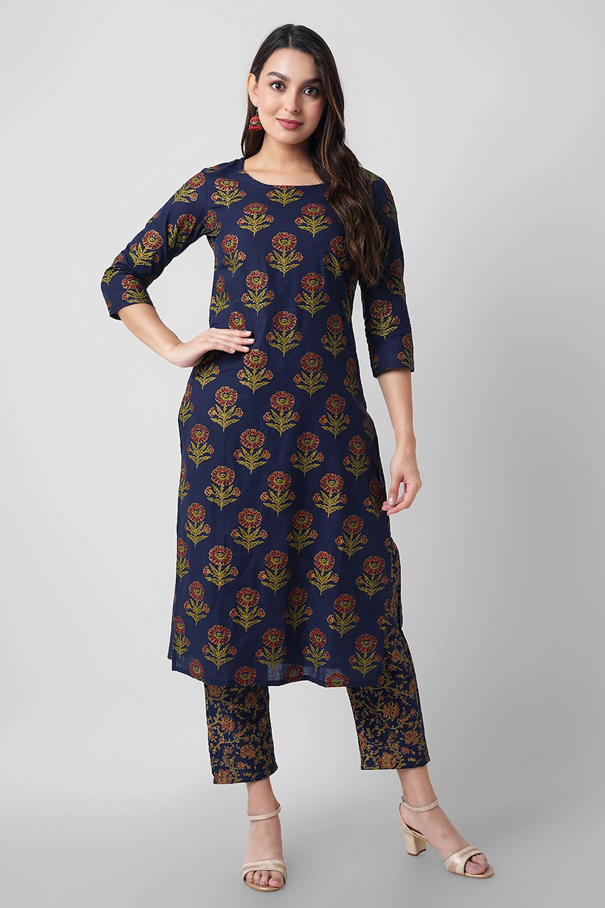 Arayna Women's Floral Printed Pure Cotton Kurti Palazzo Pants Set with Dupatta, Navy Blue, 3X-Large