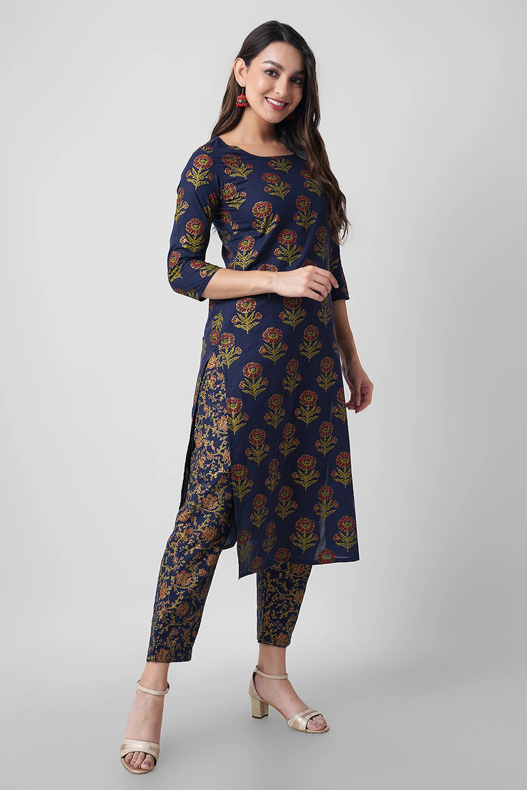 Arayna Women's Floral Printed Pure Cotton Kurti Palazzo Pants Set with Dupatta, Navy Blue, 3X-Large