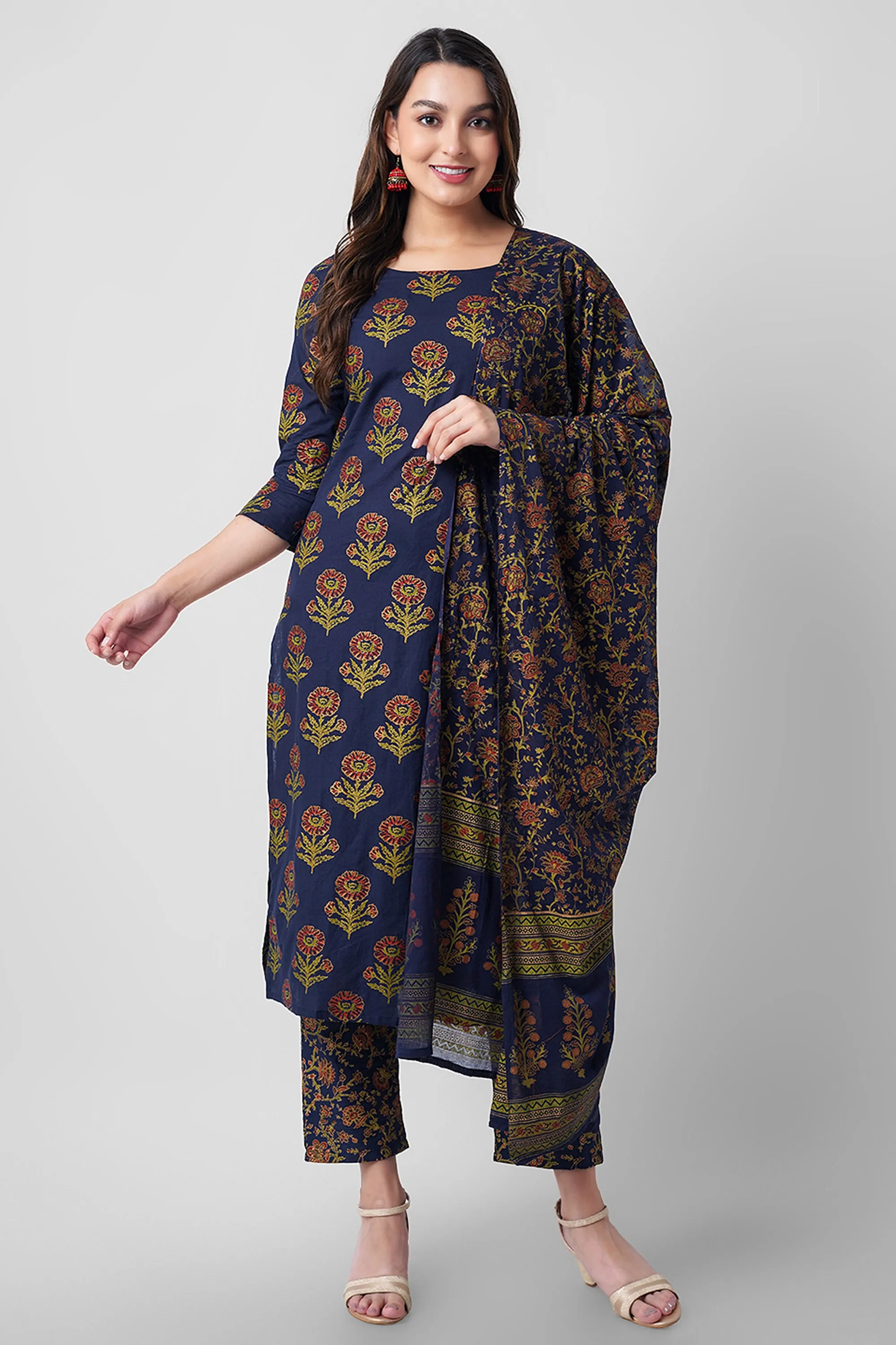 Arayna Women's Floral Printed Pure Cotton Kurti Palazzo Pants Set with Dupatta, Navy Blue, 3X-Large