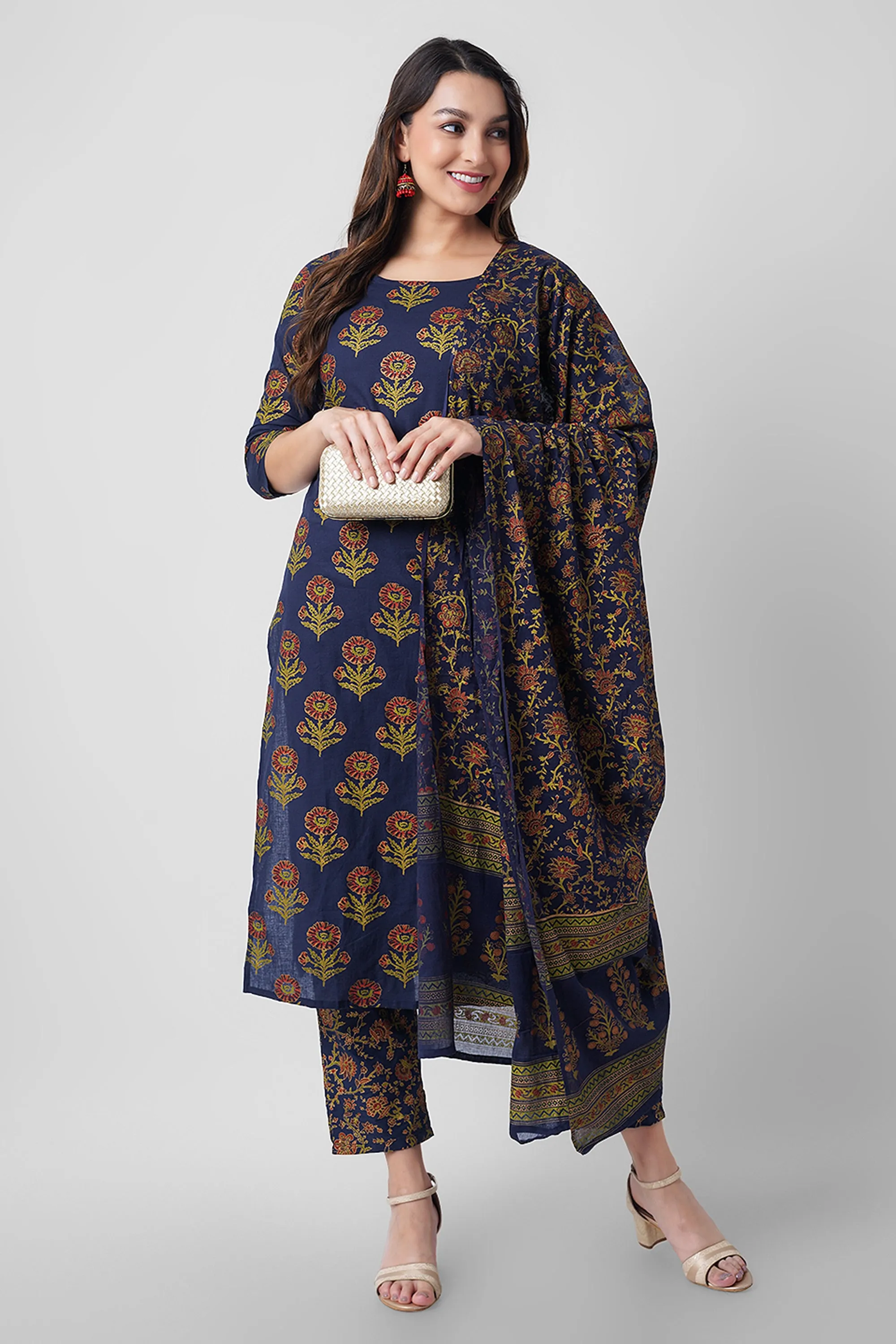 Arayna Women's Floral Printed Pure Cotton Kurti Palazzo Pants Set with Dupatta, Navy Blue, 3X-Large