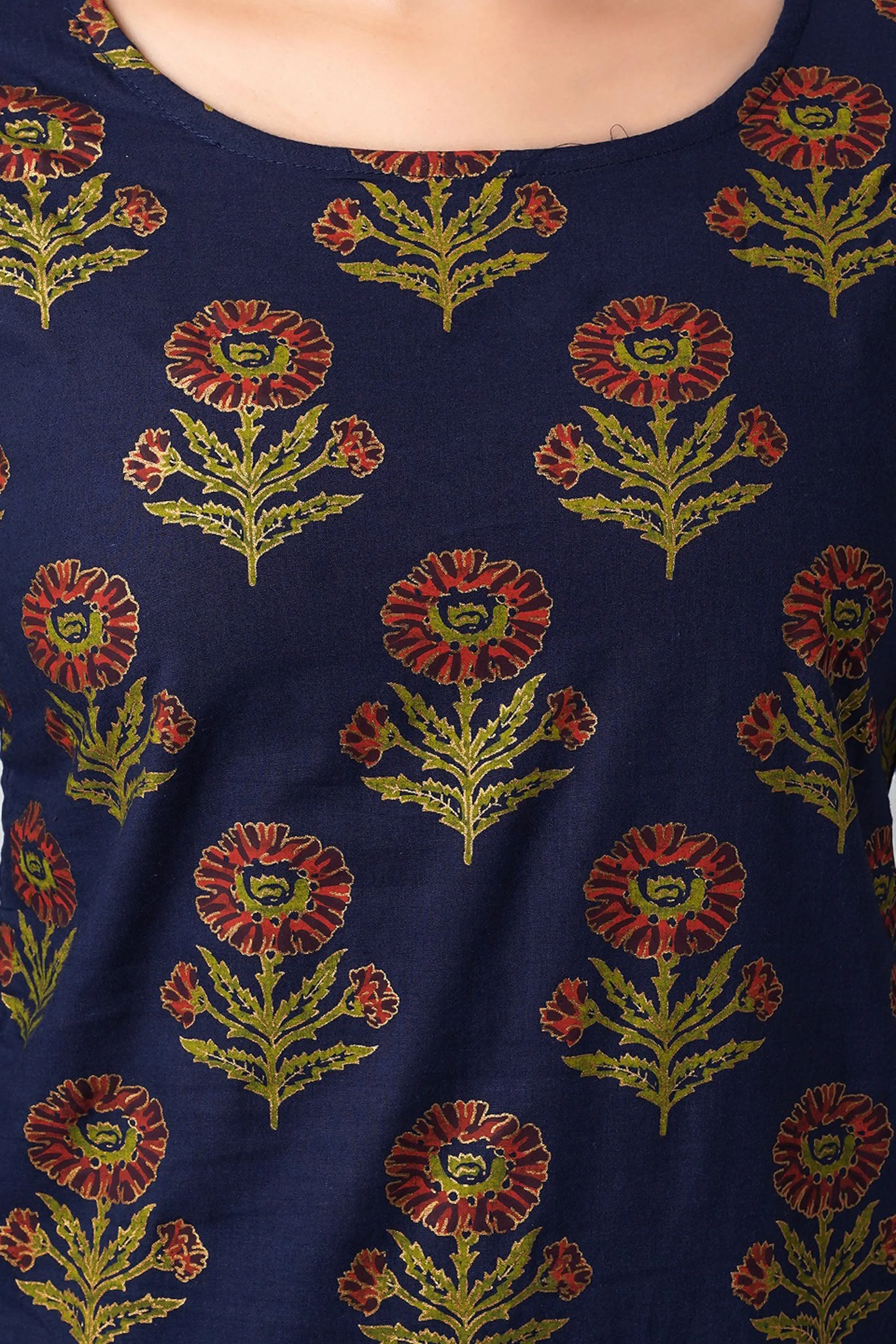 Arayna Women's Floral Printed Pure Cotton Kurti Palazzo Pants Set with Dupatta, Navy Blue, 3X-Large