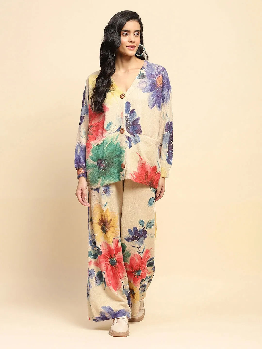 Beige Floral Relaxed Fit Co-ord Set For Winter