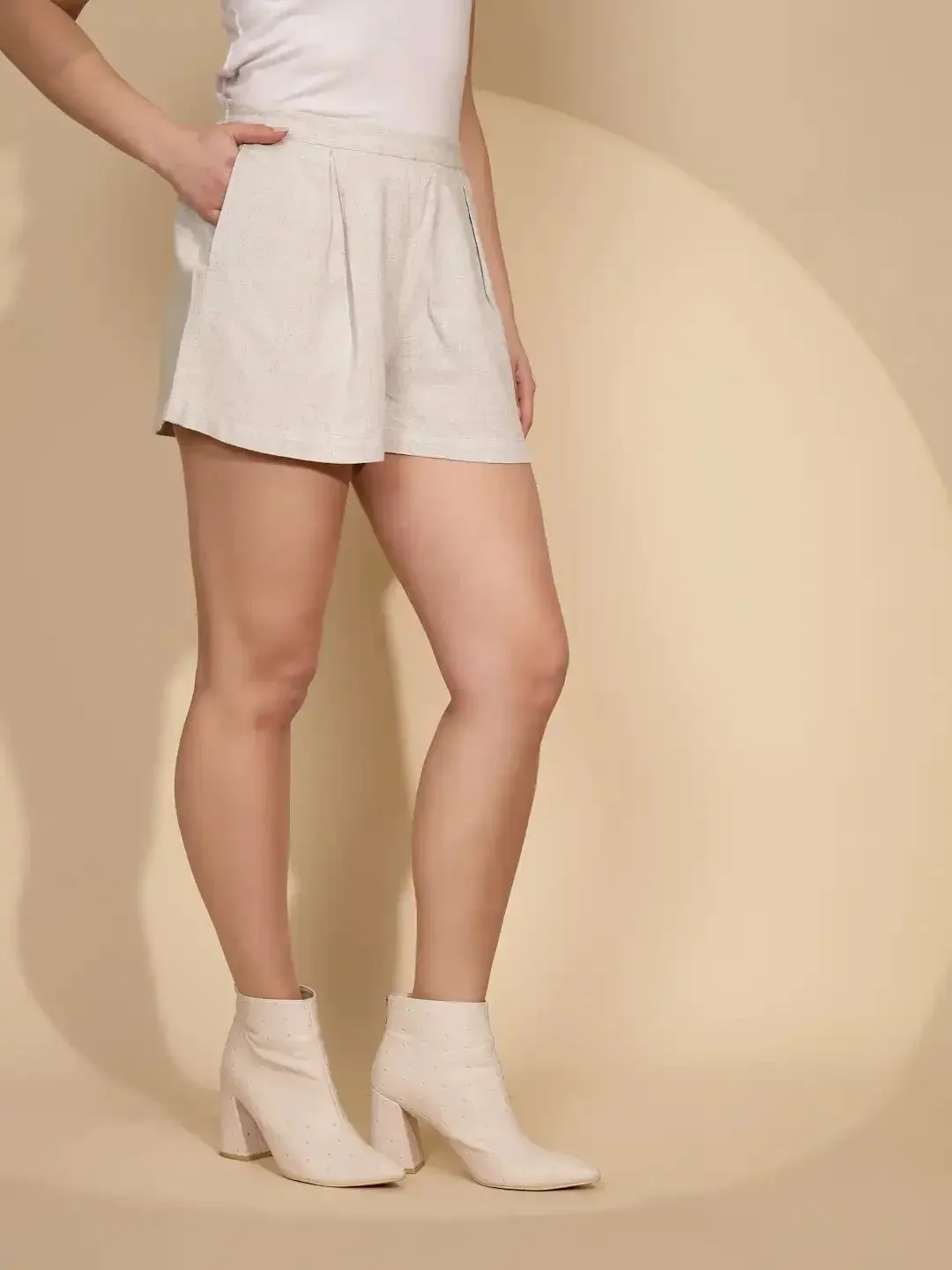 Beige Linen Regular Fit Shorts For Women