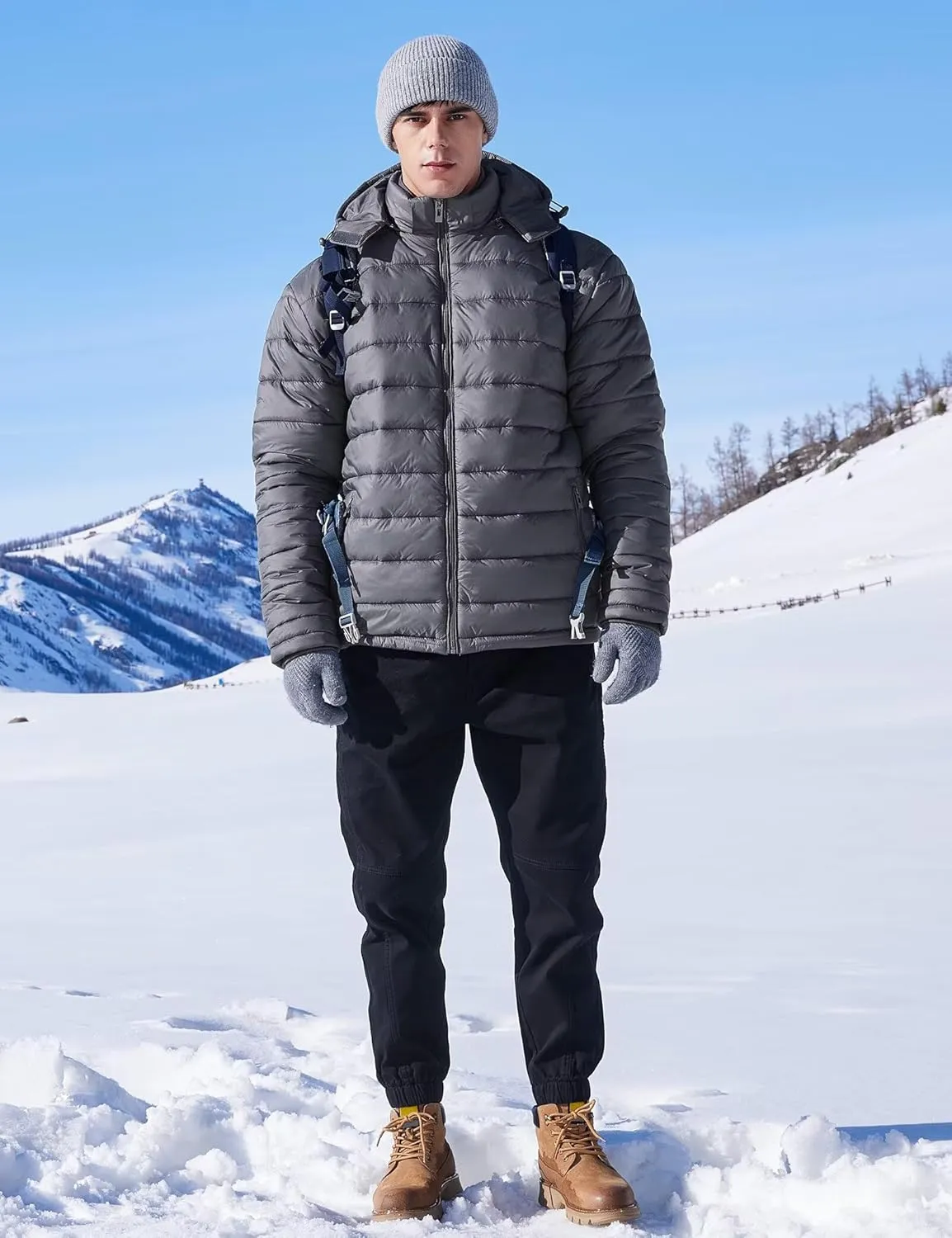 BEST SOUTH Men's Winter Puffer Jacket Hooded Puffy Fleece Warm Lightweight Coat Outerwear Cold Weather
