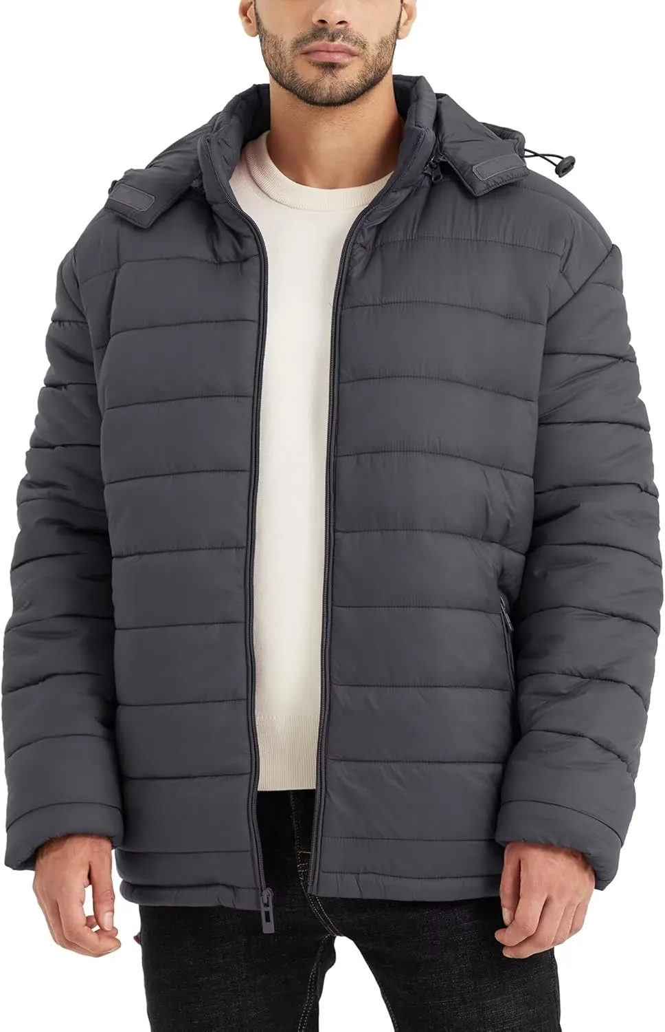 BEST SOUTH Men's Winter Puffer Jacket Hooded Puffy Fleece Warm Lightweight Coat Outerwear Cold Weather