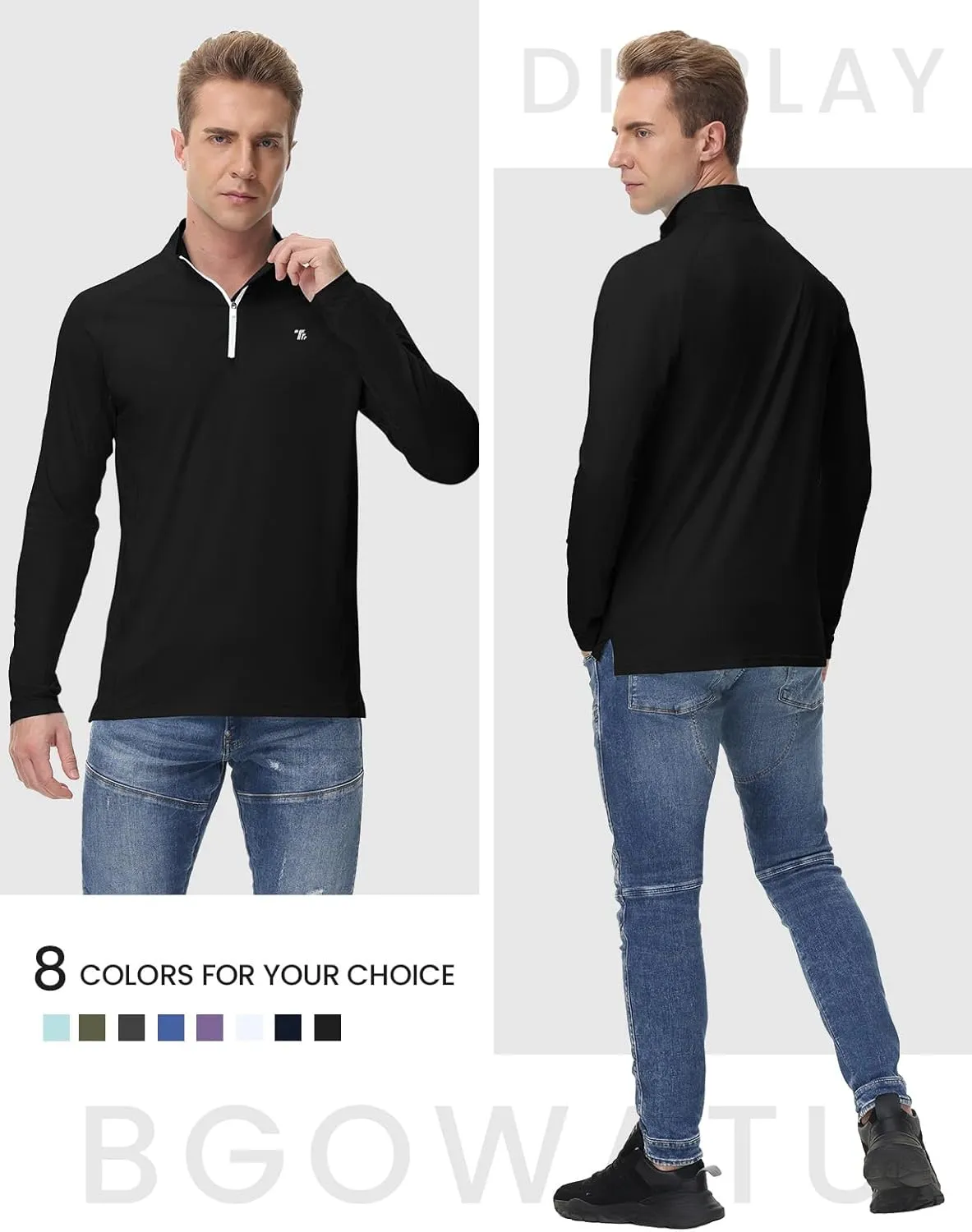 BGOWATU Men's Quarter Zip Pullover Long Sleeve Polo Shirts UPF 50 Quick Dry Golf Shirt