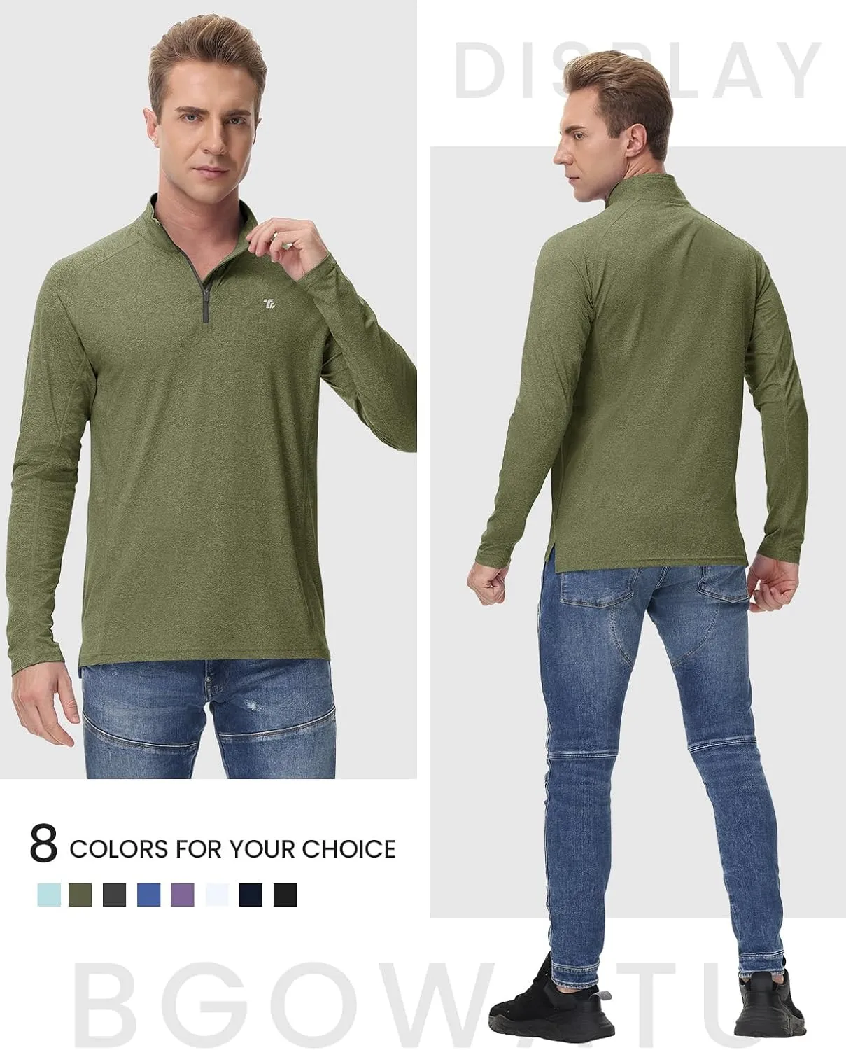 BGOWATU Men's Quarter Zip Pullover Long Sleeve Polo Shirts UPF 50 Quick Dry Golf Shirt