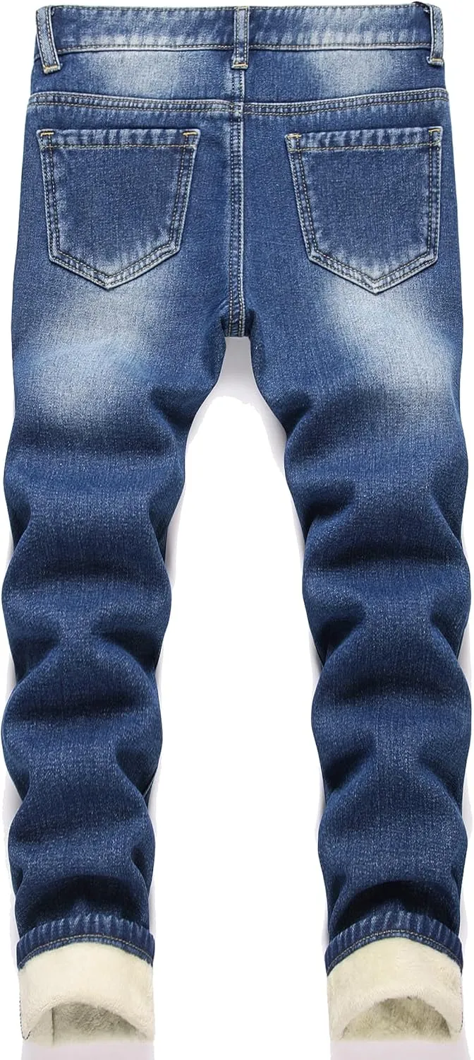 Boy's Fleece Lined Jeans Winter Skinny Fit Thicken Thermal Warm Comfy Denim Pants
