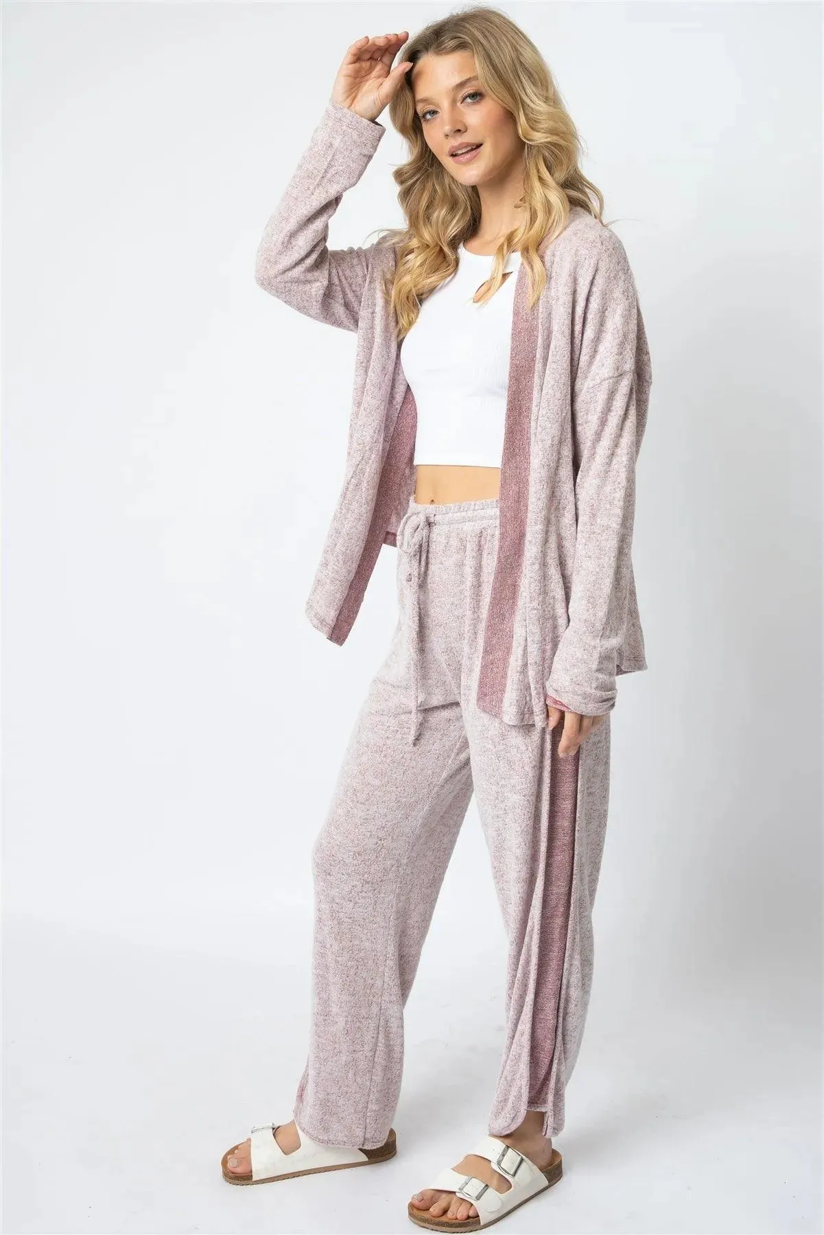 Burgundy Textured Side Detail Long Sleeve Cardigan & Wide Leg Pant Set /1-1-1