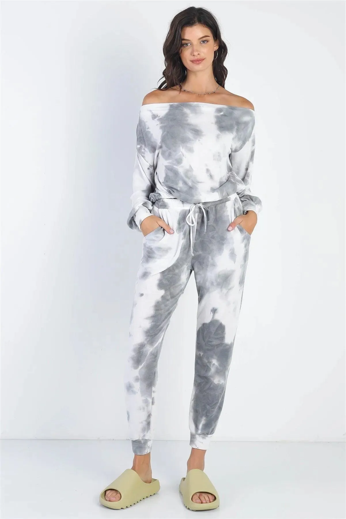 Charcoal Tie-Dye Off-The-Shoulder Top High Waist Pants Set