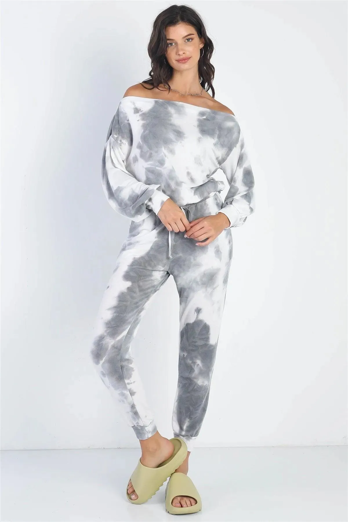 Charcoal Tie-Dye Off-The-Shoulder Top High Waist Pants Set