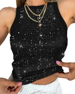 CHICME Womens Contrast Sequin Leopard Pattern O-Neck Sleeveless Tank Tops Slim Fitted Shirt