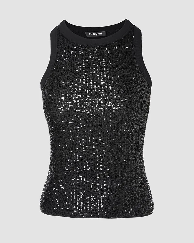 CHICME Womens Contrast Sequin Leopard Pattern O-Neck Sleeveless Tank Tops Slim Fitted Shirt