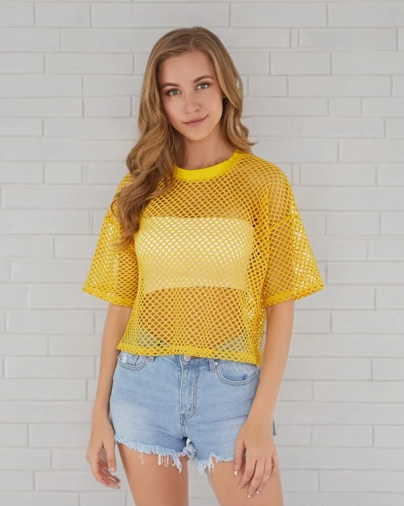 CLOZOZ Women's Mesh Cover Up See Through Fishnet T-Shirt Crop Top