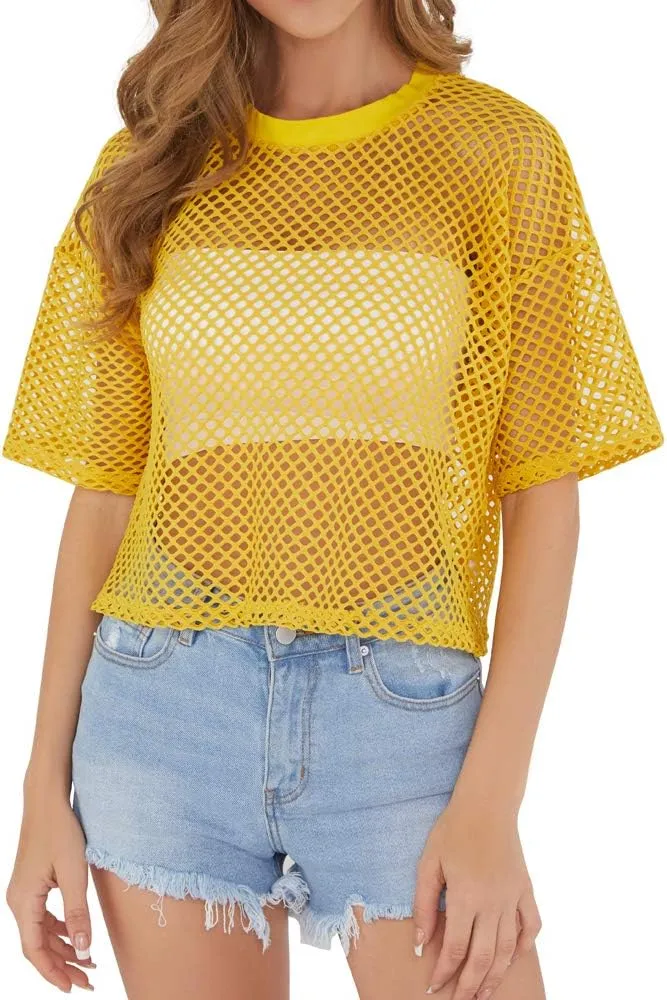 CLOZOZ Women's Mesh Cover Up See Through Fishnet T-Shirt Crop Top