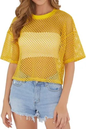 CLOZOZ Women's Mesh Cover Up See Through Fishnet T-Shirt Crop Top