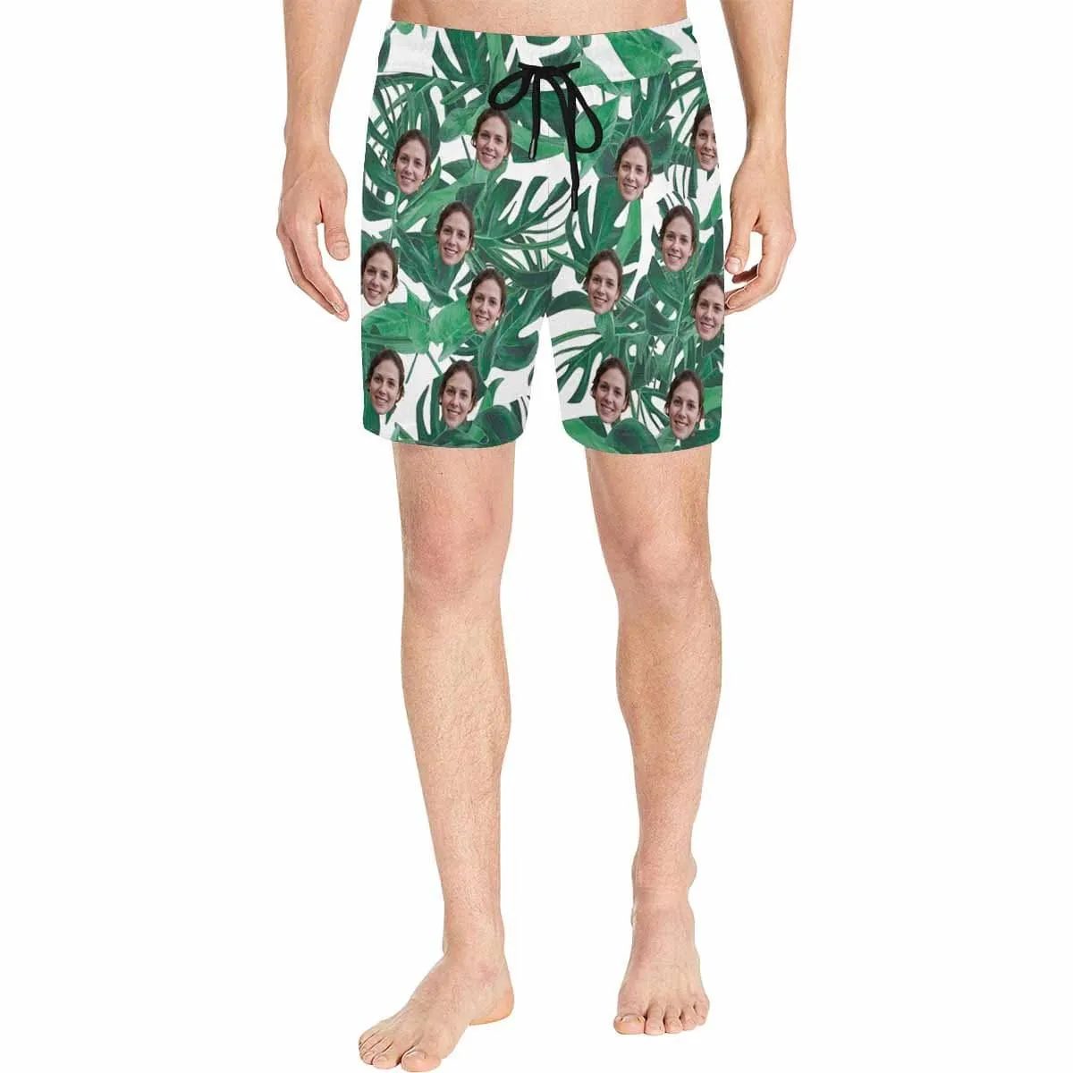 Custom Swimming Trunks with Face Personalized Green Leaves Men's Quick Dry Swim Shorts for Holiday
