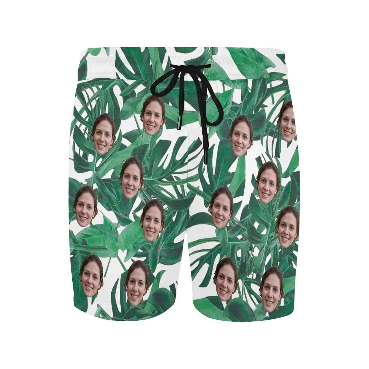 Custom Swimming Trunks with Face Personalized Green Leaves Men's Quick Dry Swim Shorts for Holiday