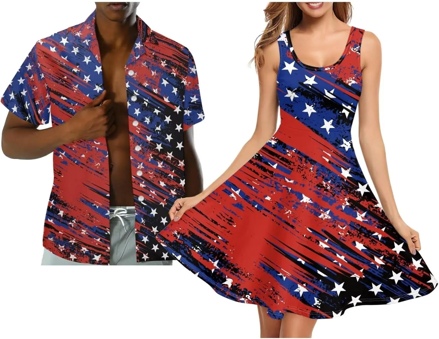 Dreaweet Summer Dresses for Women A-Line Sleeveless Flowy Sun Dresses,Men's Casual Button-Down Shirts,Couple Matching Outfits