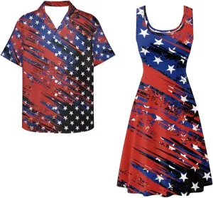 Dreaweet Summer Dresses for Women A-Line Sleeveless Flowy Sun Dresses,Men's Casual Button-Down Shirts,Couple Matching Outfits