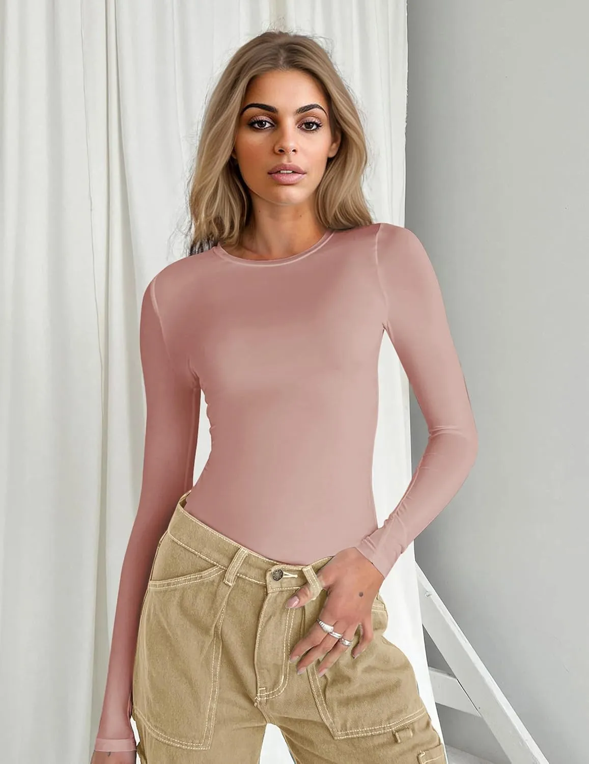 Ekouaer Women's Long Sleeve Shirts Tight Fitted Tops Crewneck Underscrubs Tee Lightweight Basic Thermal Undershirts