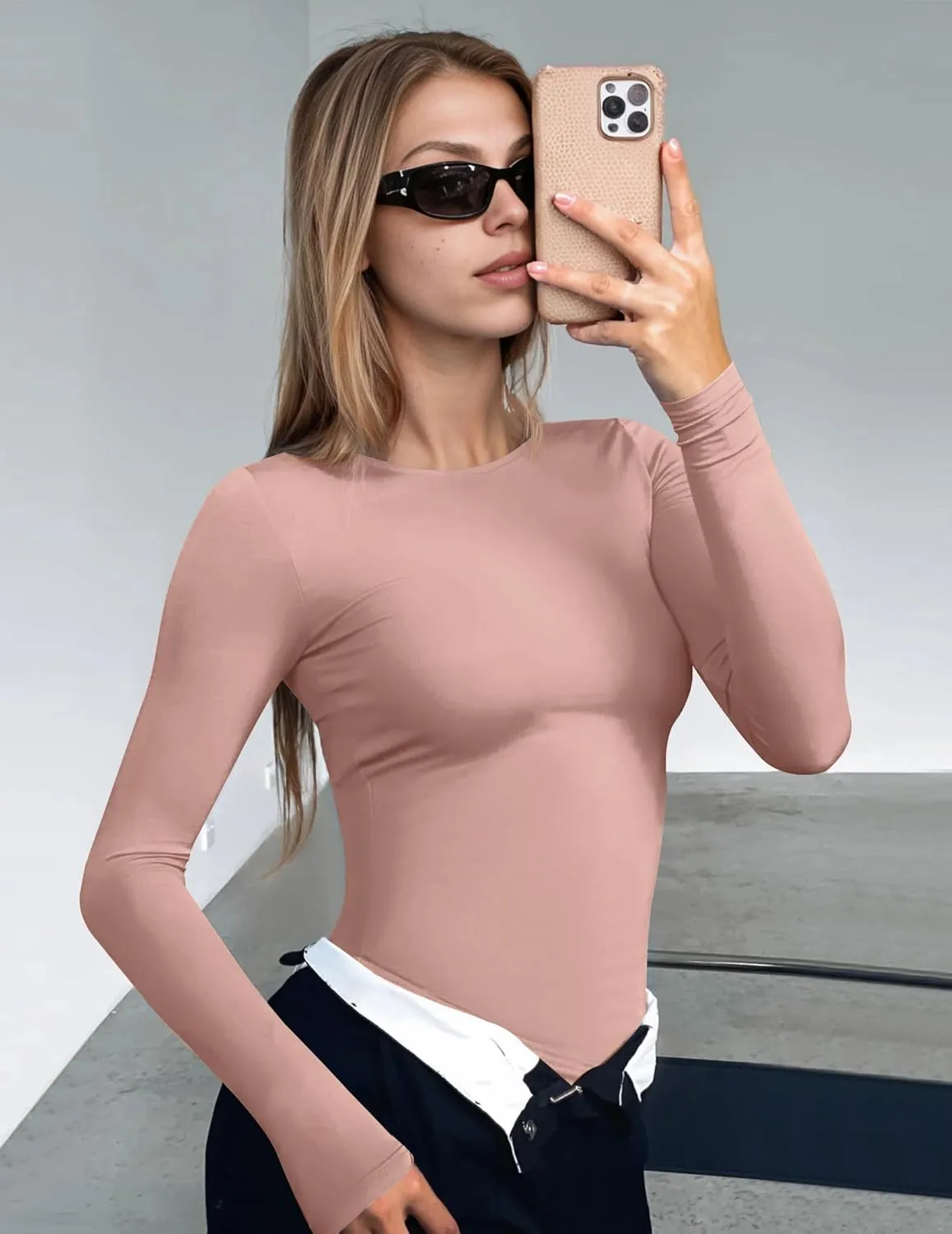 Ekouaer Women's Long Sleeve Shirts Tight Fitted Tops Crewneck Underscrubs Tee Lightweight Basic Thermal Undershirts