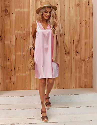 Ekouaer Women's Silk Nightgown Satin Sleep Tee Sleeveless Comfy Bridal Short Pajama Dress Pink