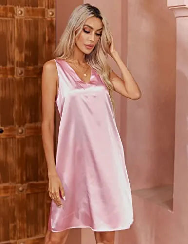 Ekouaer Women's Silk Nightgown Satin Sleep Tee Sleeveless Comfy Bridal Short Pajama Dress Pink