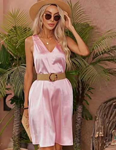 Ekouaer Women's Silk Nightgown Satin Sleep Tee Sleeveless Comfy Bridal Short Pajama Dress Pink