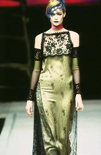 Fall 1997 Christian Lacroix Runway Black Lace Over Dress w a Slinky Silk Underdress