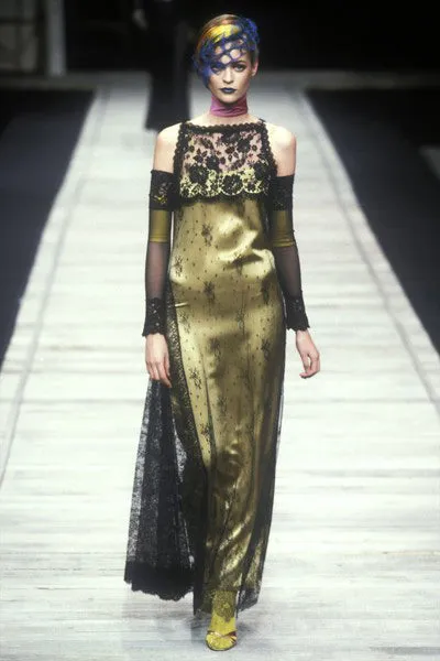 Fall 1997 Christian Lacroix Runway Black Lace Over Dress w a Slinky Silk Underdress