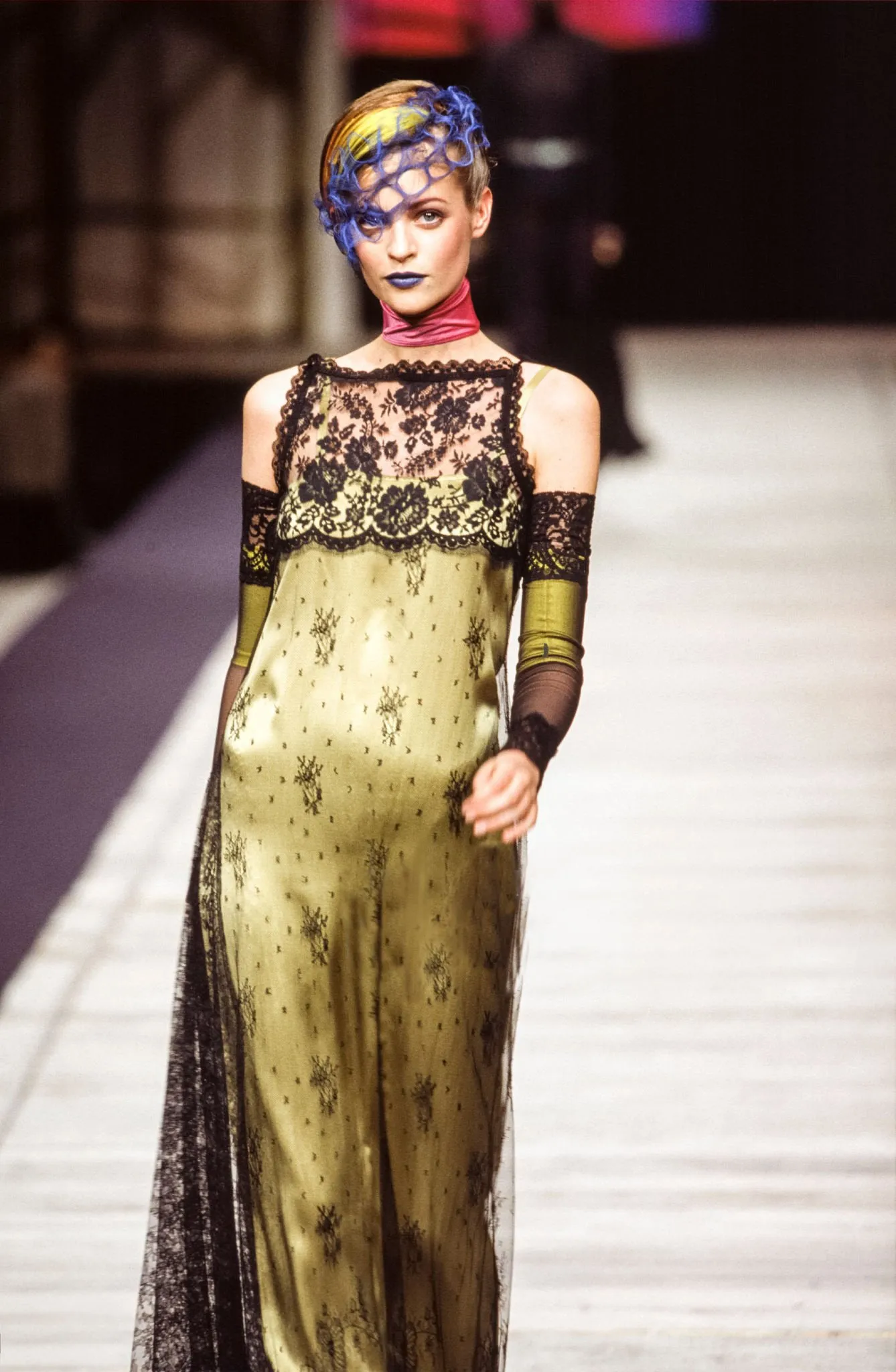 Fall 1997 Christian Lacroix Runway Black Lace Over Dress w a Slinky Silk Underdress
