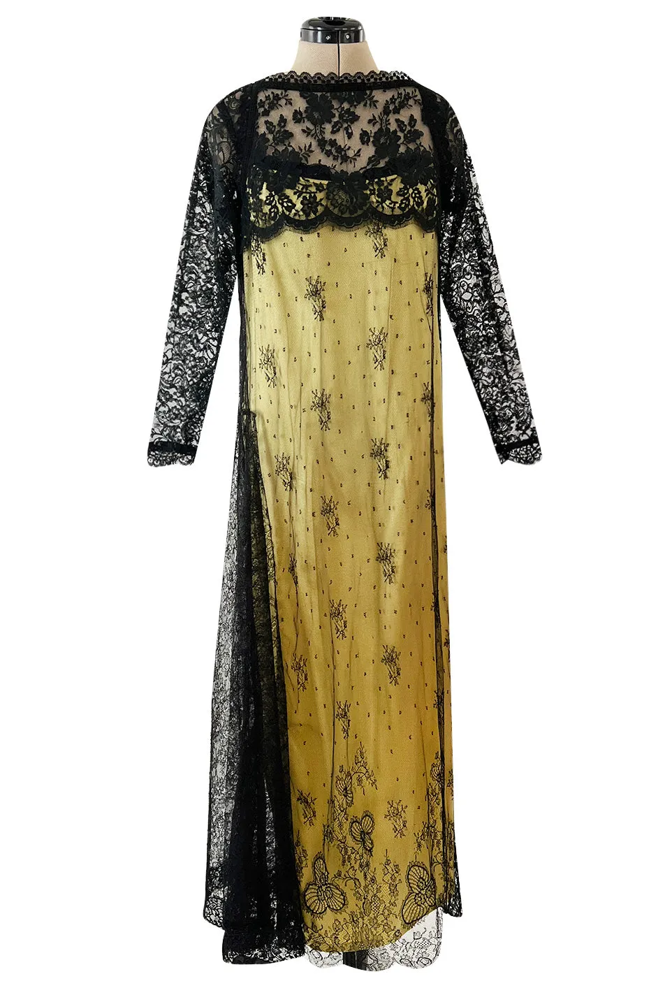 Fall 1997 Christian Lacroix Runway Black Lace Over Dress w a Slinky Silk Underdress