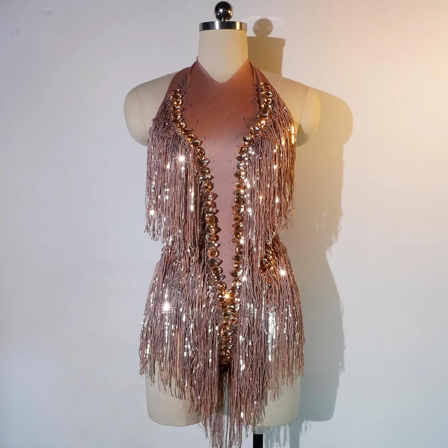 Fashion Pearl Sequin Fringes Sexy Tassel Bodysuit Women Pole Latin Dance Costume Stage Dancer Ds Performance Show