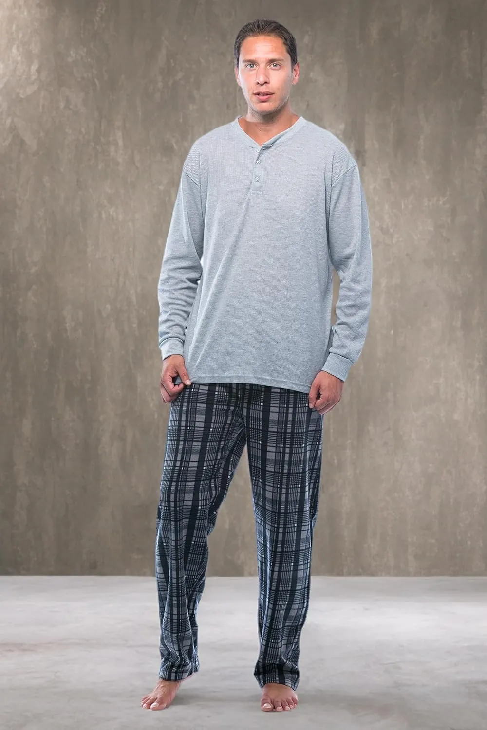 #followme Pajama Set for Men with Thermal Henley Top and Polar Fleece Pants
