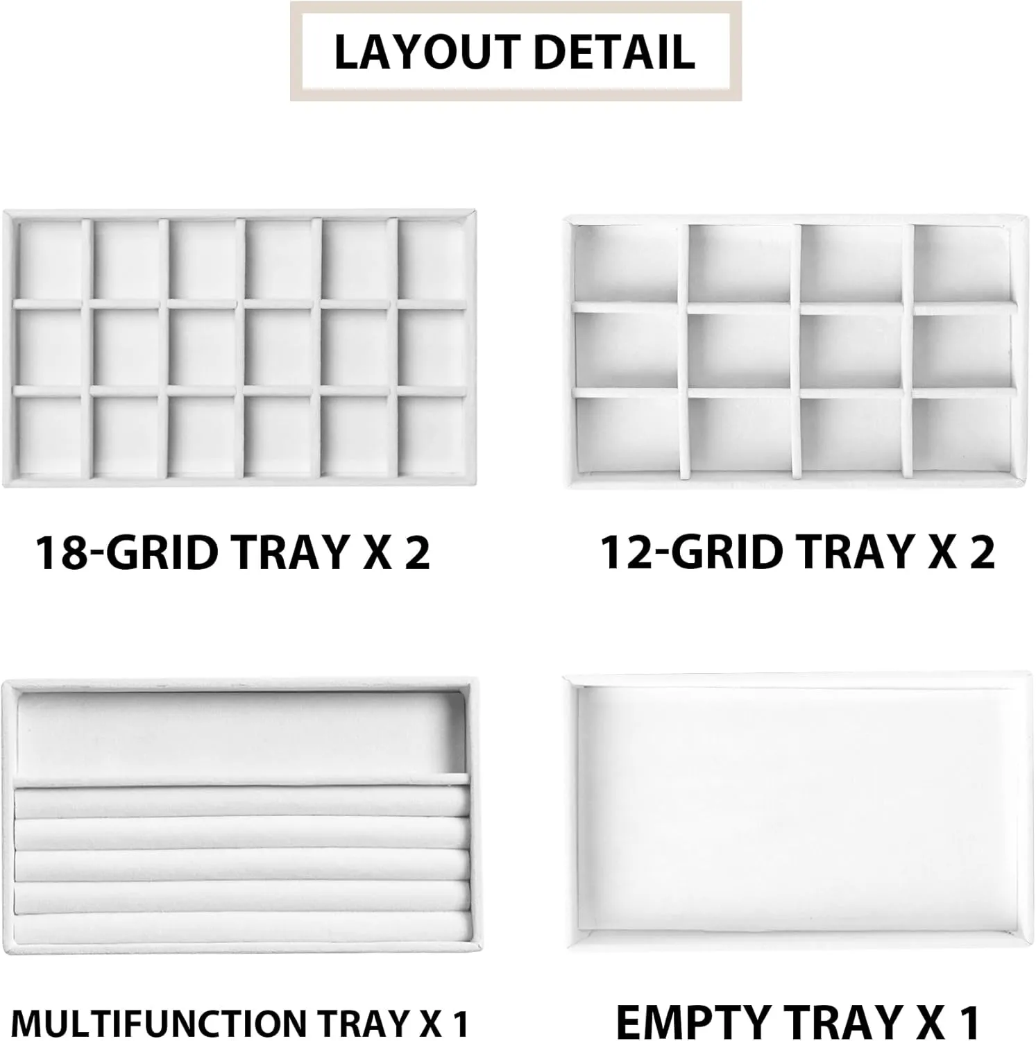 Frebeauty Jewelry Organizer Tray,Stackable Velvet Jewelry Trays,Drawer Inserts Earring Organizer For Women Jewelry Storage Display Case for Rings Stud Necklaces,Set of 6(White)