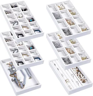 Frebeauty Jewelry Organizer Tray,Stackable Velvet Jewelry Trays,Drawer Inserts Earring Organizer For Women Jewelry Storage Display Case for Rings Stud Necklaces,Set of 6(White)