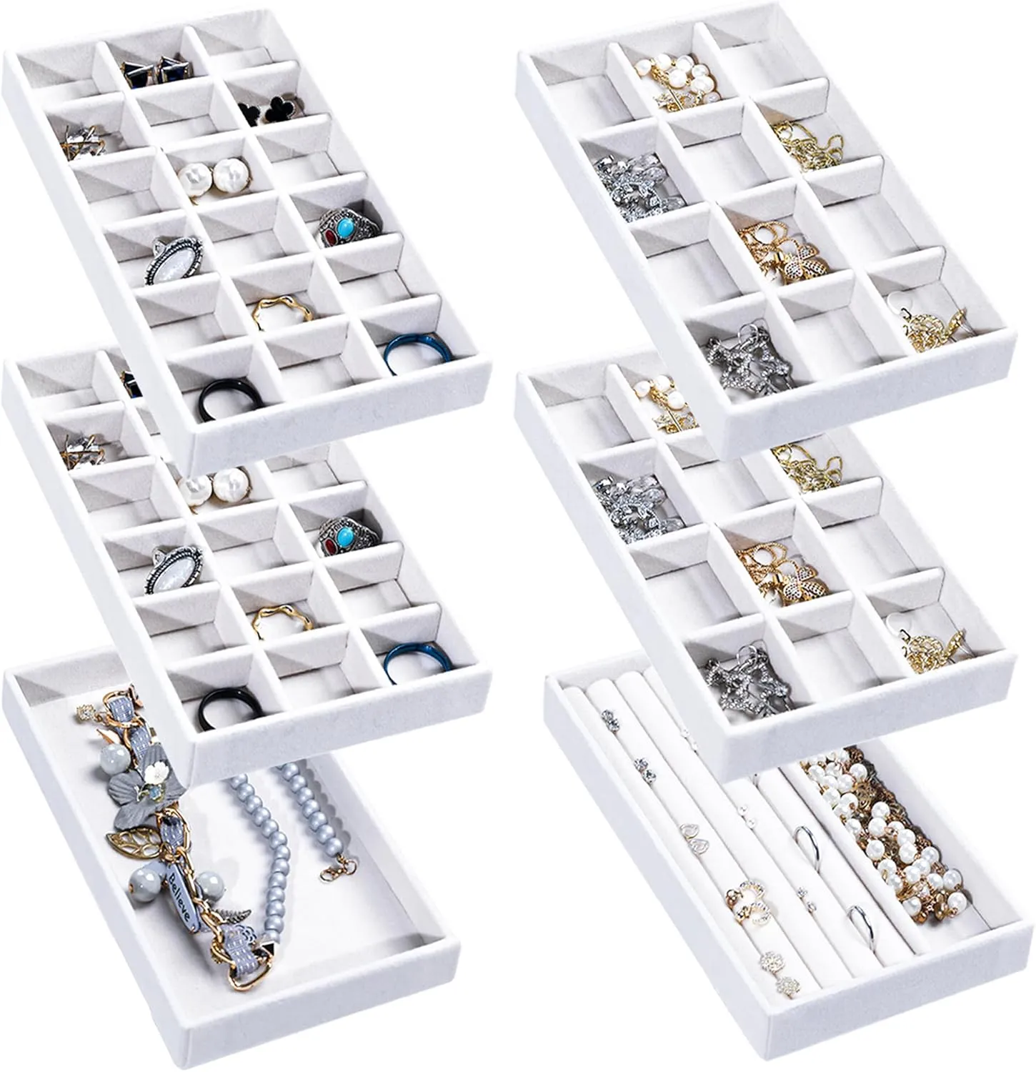 Frebeauty Jewelry Organizer Tray,Stackable Velvet Jewelry Trays,Drawer Inserts Earring Organizer For Women Jewelry Storage Display Case for Rings Stud Necklaces,Set of 6(White)