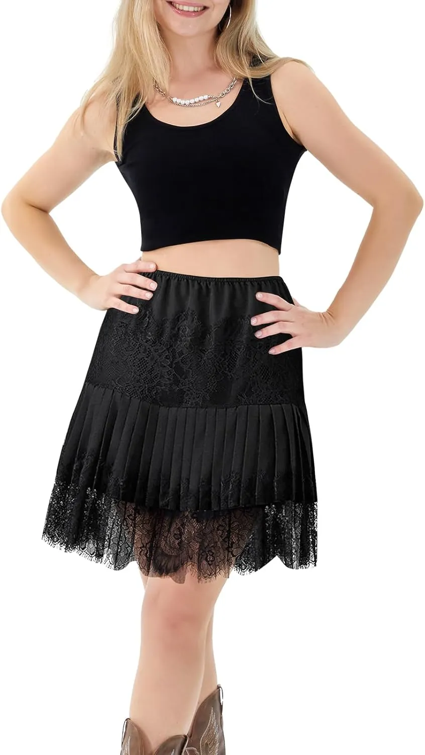 Geyoga 2 Pack Women Y2k Lace Mini Skirts Flowy Ruffle Layered Pleated Lace Slip Skirt Low Rise Half Slip Underskirt