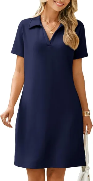 Glamaker Women T Shirt Summer Dress Casual Business Mini Loose V-Neck Short Sleeve Striped Dresses Pockets 2025 Trendy
