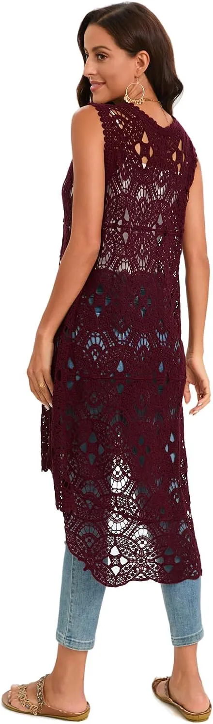 GLEAMISS Women's Crochet Long Vest Sleeveless Lace Cardigan Hollow Out Kimino Cover Up
