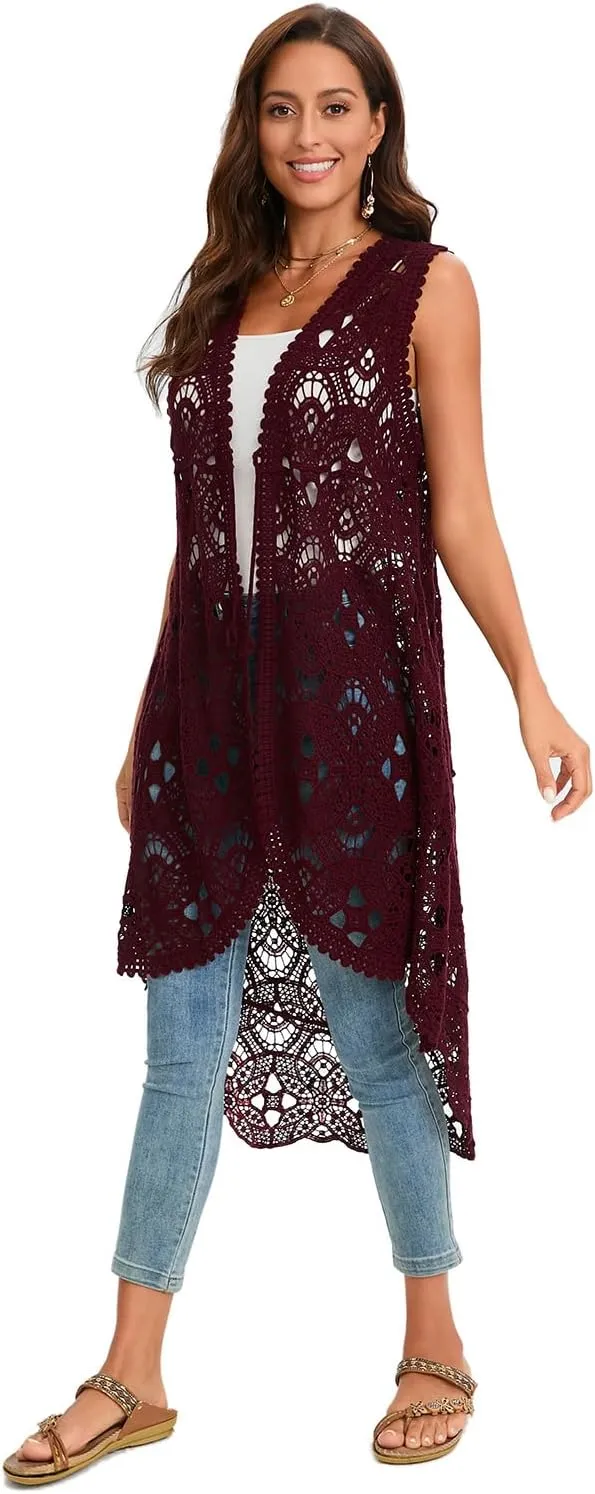 GLEAMISS Women's Crochet Long Vest Sleeveless Lace Cardigan Hollow Out Kimino Cover Up