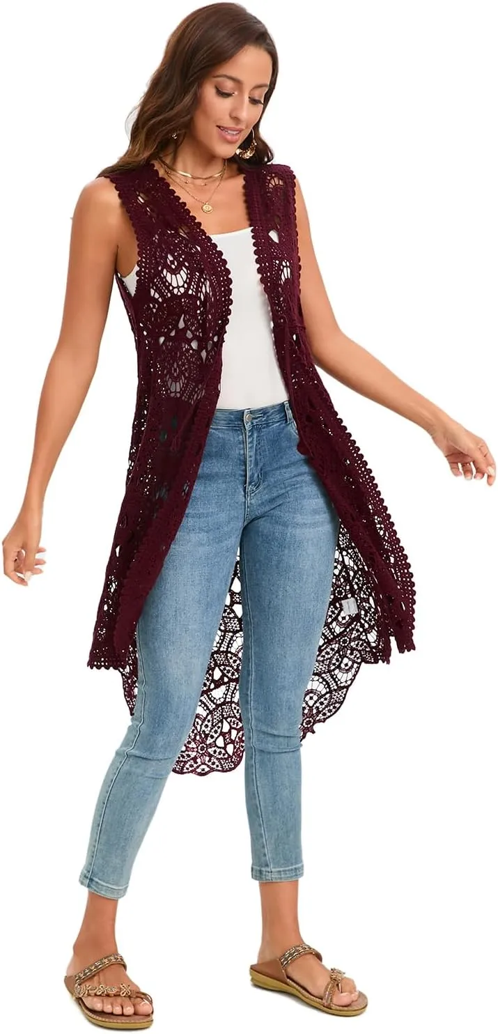 GLEAMISS Women's Crochet Long Vest Sleeveless Lace Cardigan Hollow Out Kimino Cover Up